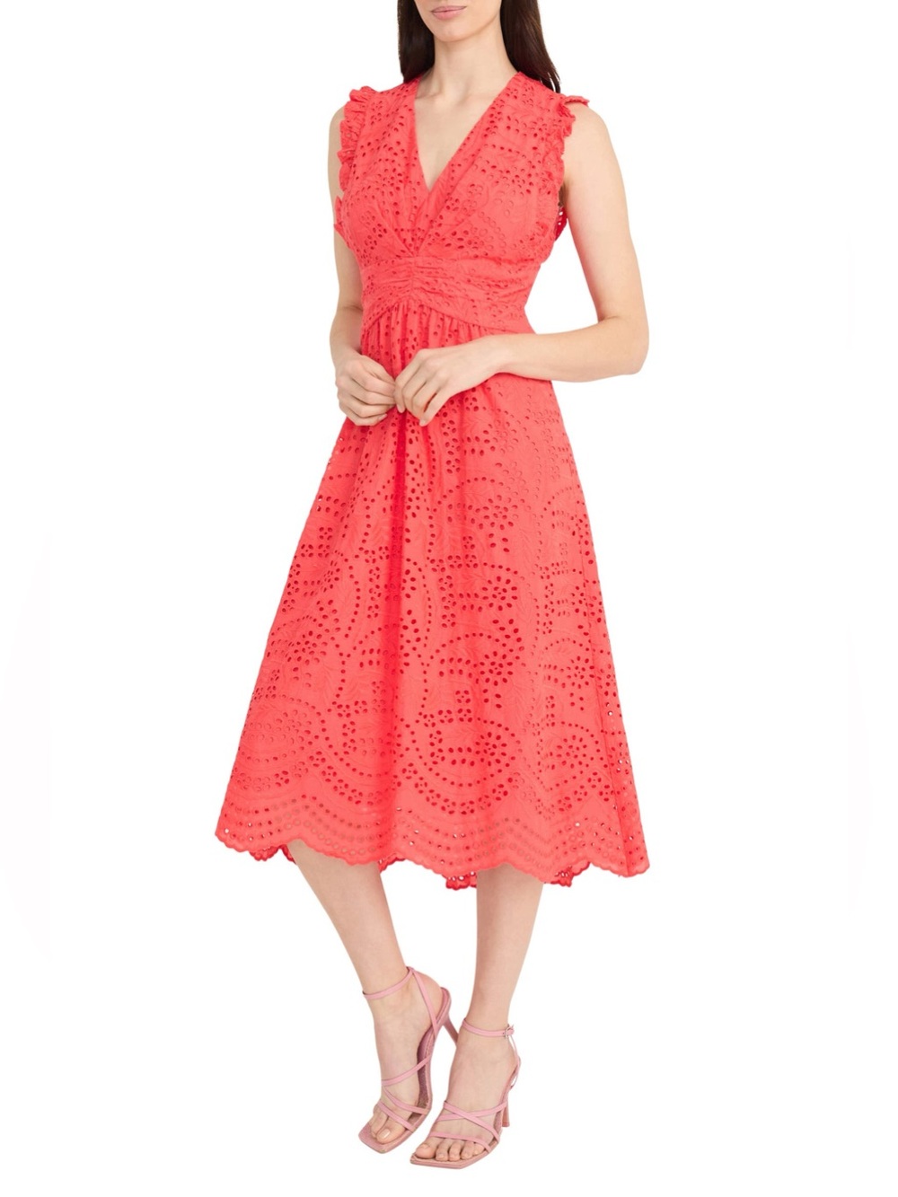 Maggy London Cotton Eyelet Ruffle V-Neck Cottagecore Midi Dress Coral Size 10